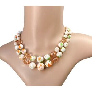 1960s Japan 2 Strand White Peach Green Plastic Lucite Beaded Adjustable Necklace
